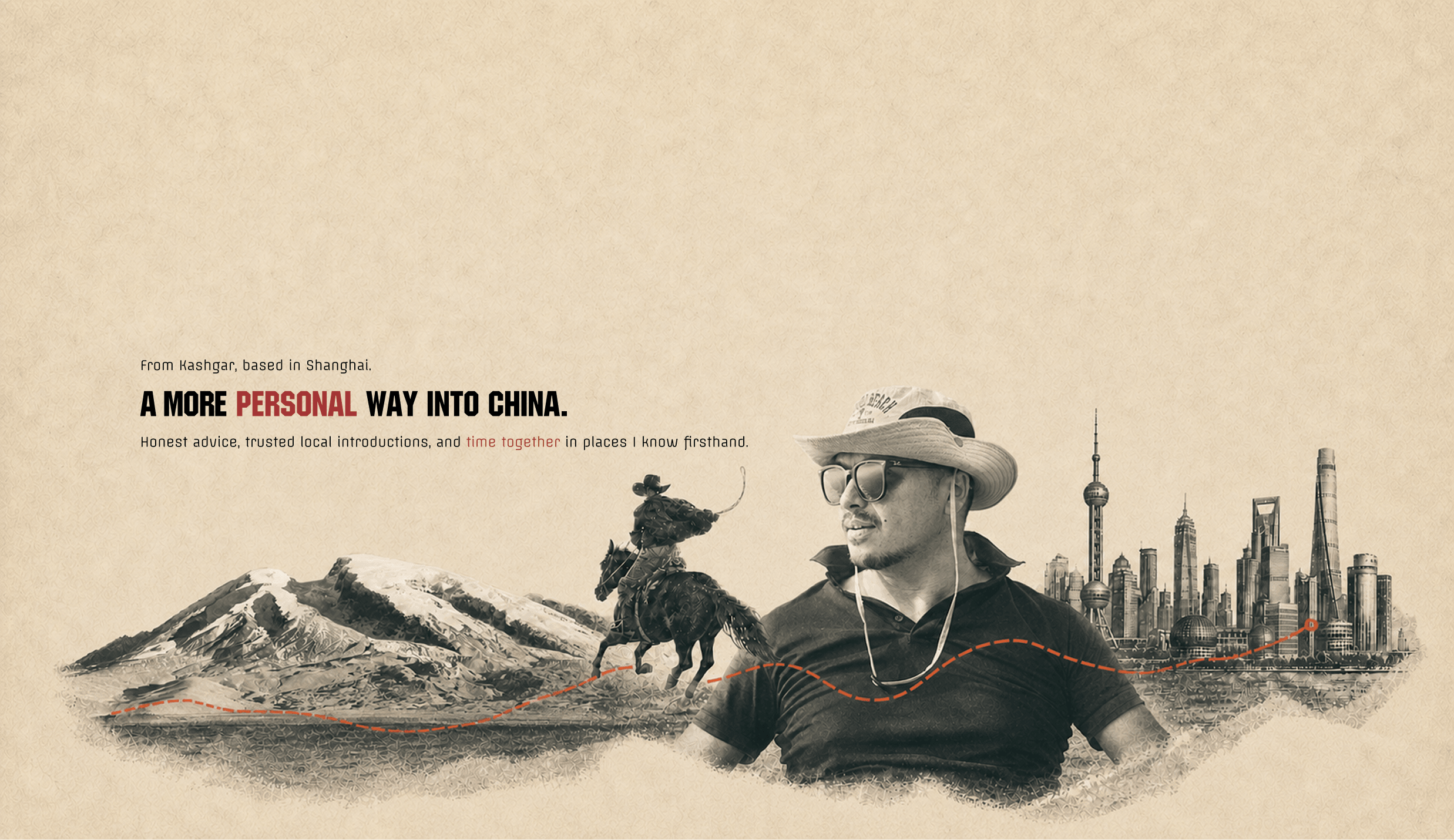 A paper-textured collage connecting a Xinjiang snow mountain, a horseback traveler, Amu, and the Shanghai skyline.