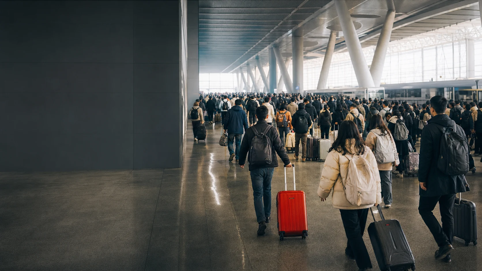 Travelers moving through a Chinese high-speed railway station during a holiday rush