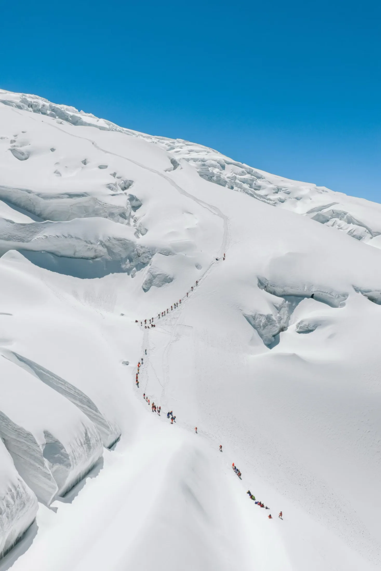 A route threading through high-altitude ice and snow