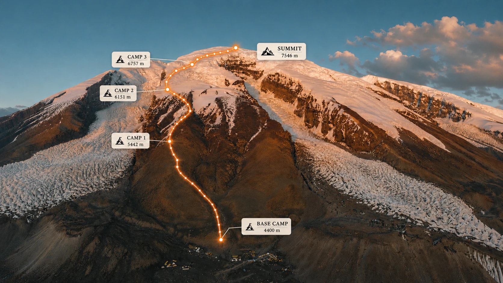 Annotated western ascent route on Muztagh Ata showing Base Camp at 4,400 metres, Camps 1 to 3, and the 7,546-metre summit.