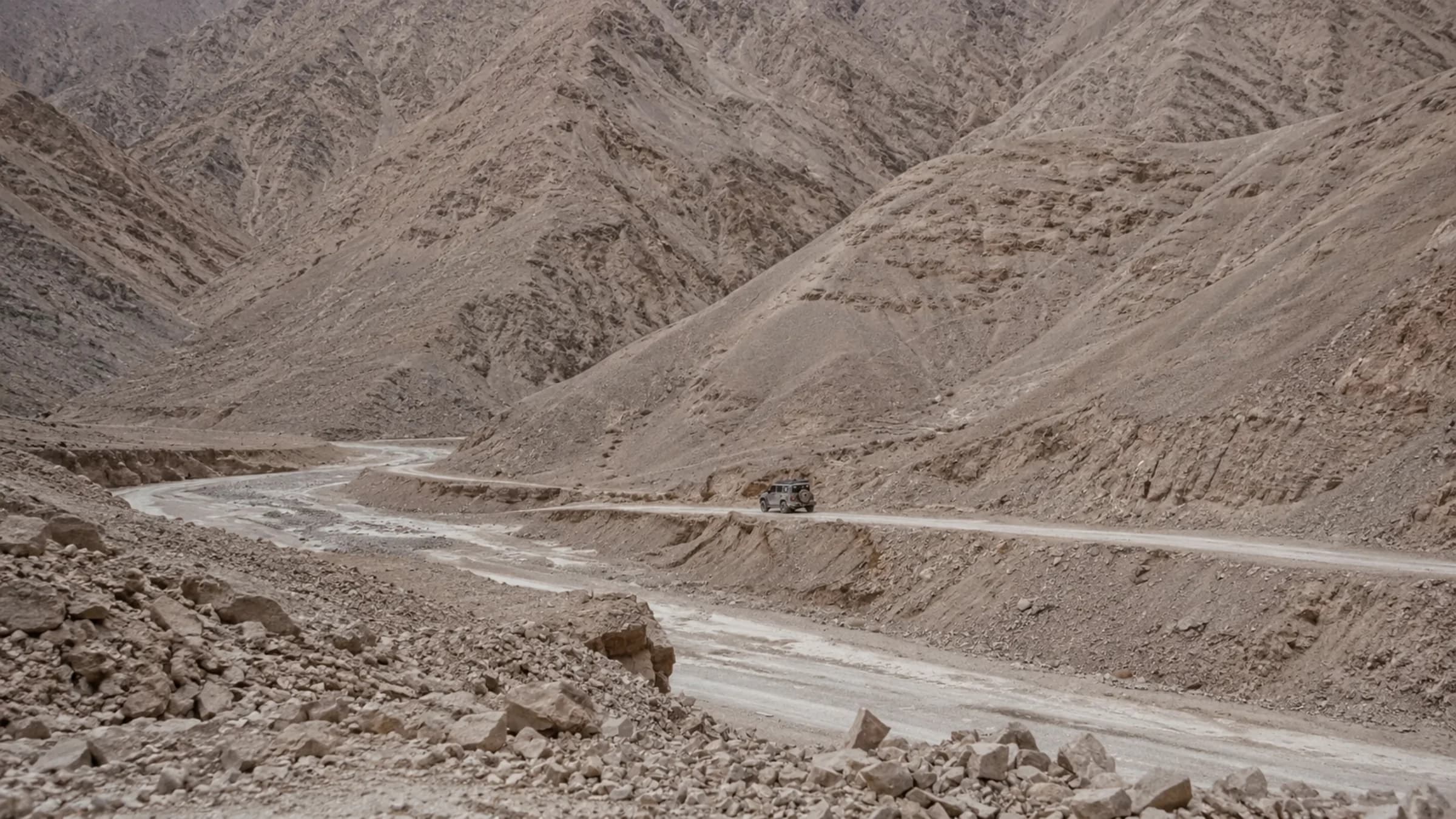 Muztagh Ata rising above the broad Pamir road corridor in Xinjiang