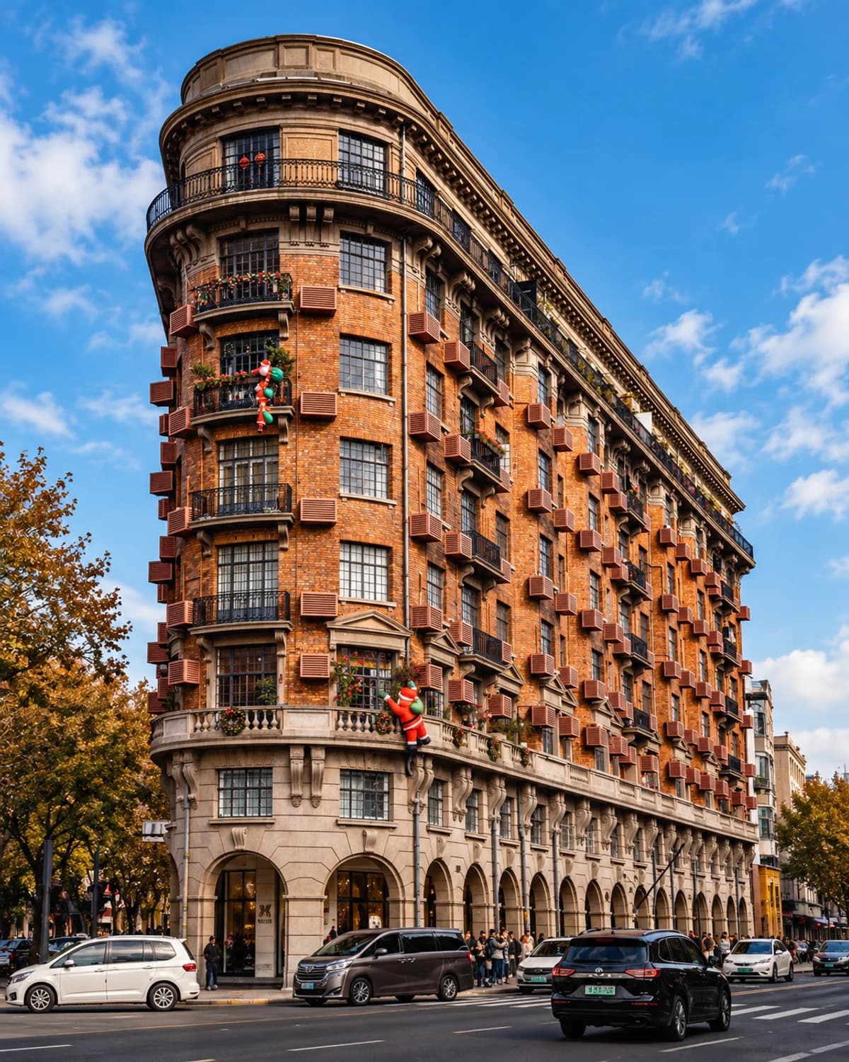 Sunlit red-brick facade and rounded balconies of Wukang Mansion.