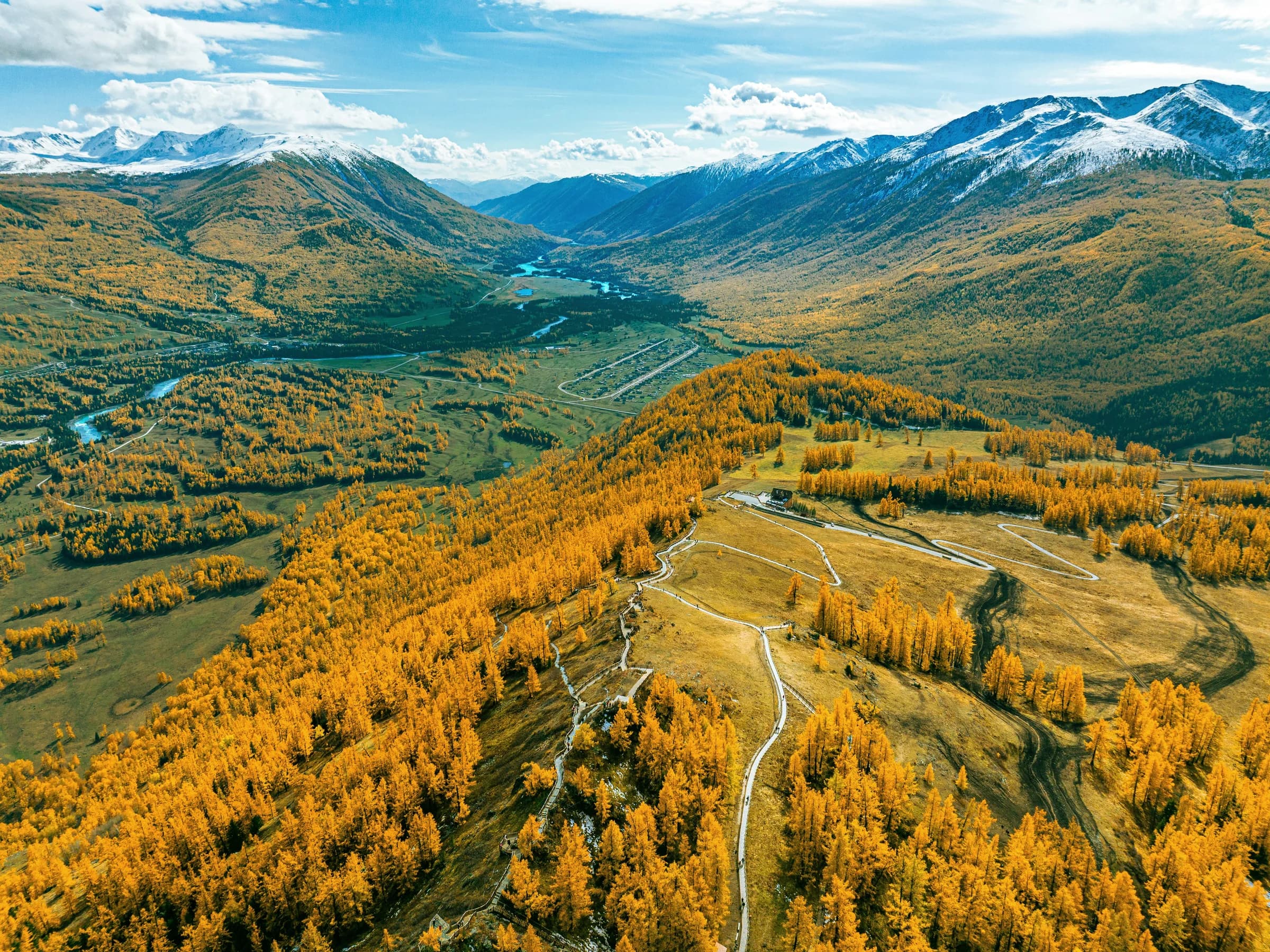 Winding tracks and golden woodland above a river valley with snowy mountains in the distance.