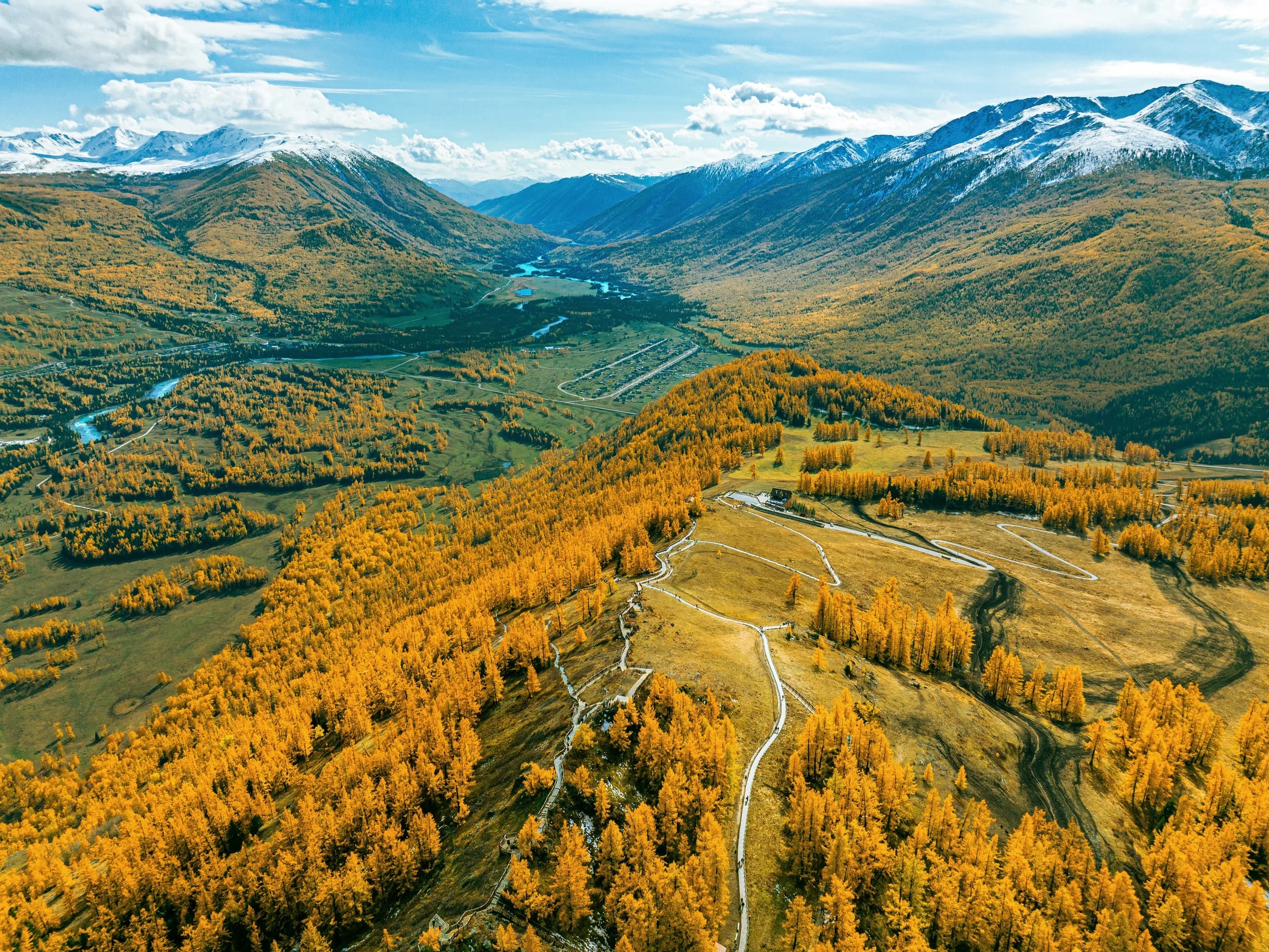 Winding tracks and golden woodland above a river valley with snowy mountains in the distance.
