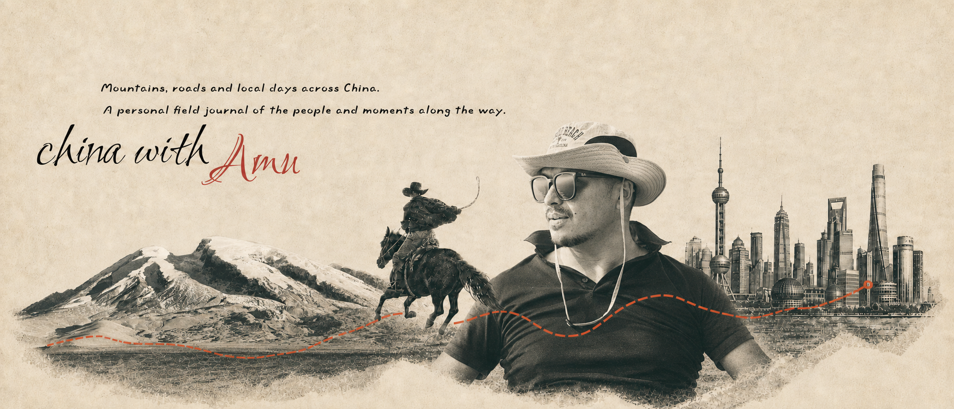 A paper-textured collage connecting a Xinjiang snow mountain, a horseback traveler, Amu, and the Shanghai skyline.